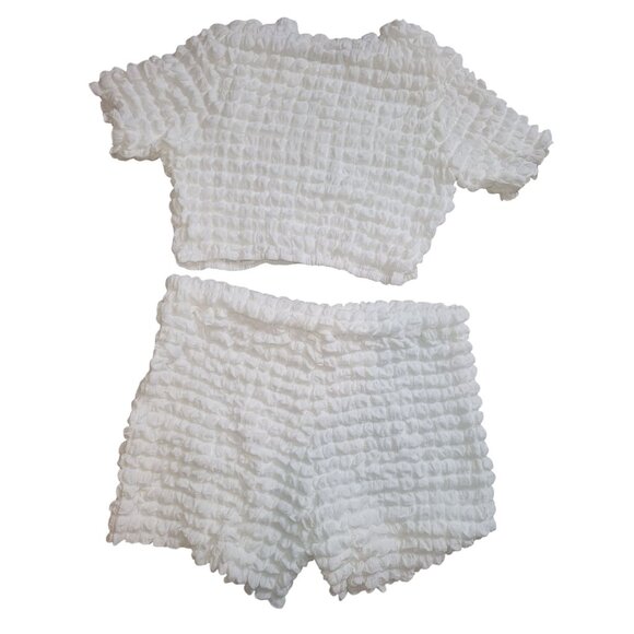 White Textured 2-Piece Set Short Sleeve Crop Top High-Waisted Shorts Stretch 3XL - Picture 3 of 8